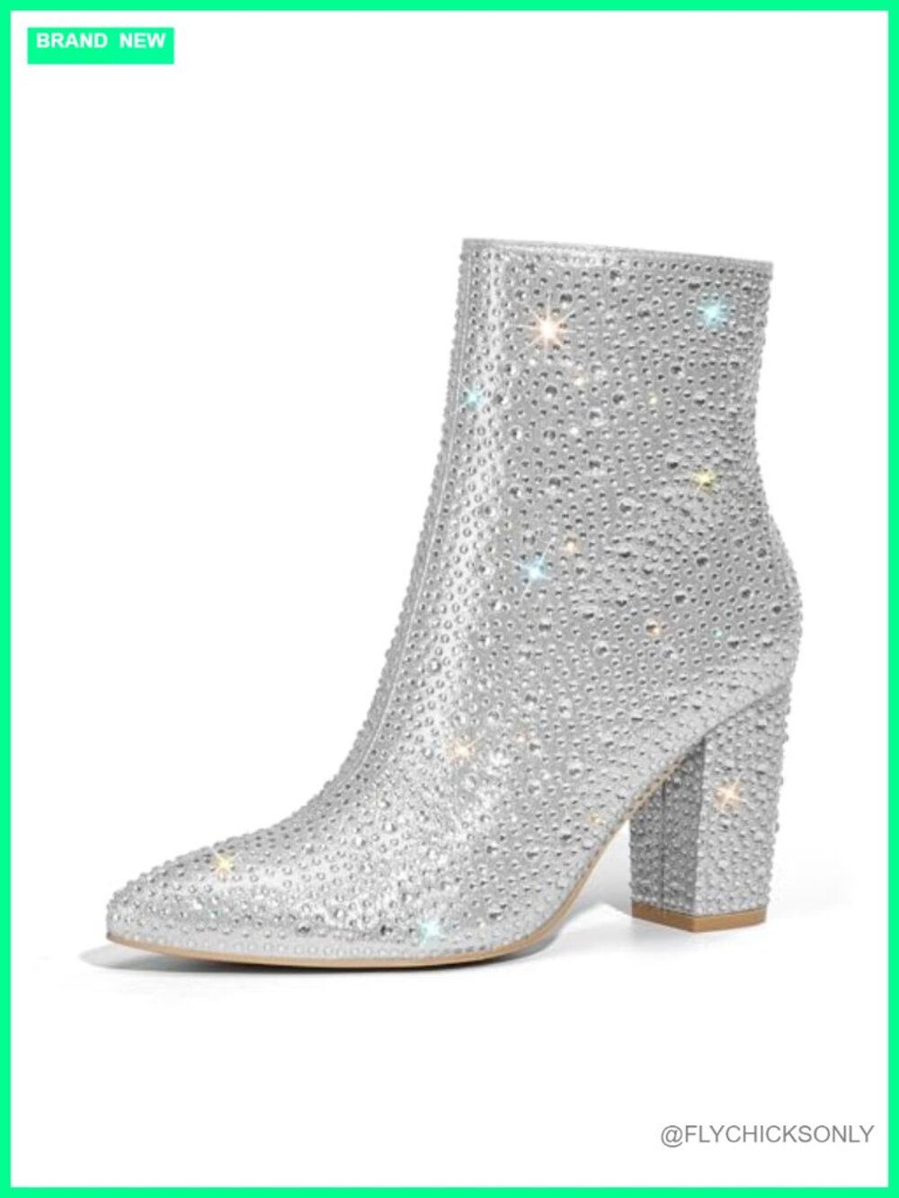 Rhinestone Ankle Booties Pointed Toe Block Heel Side Zip Party